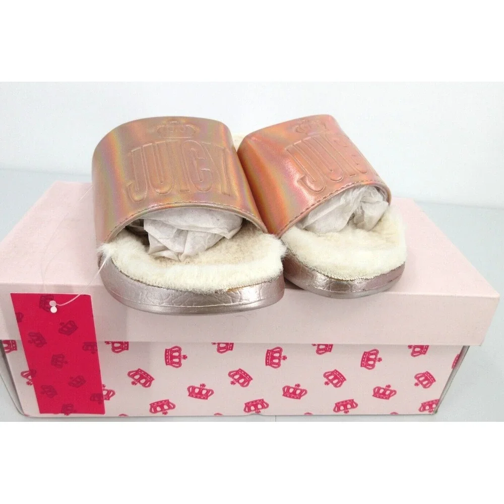 JUICY BY JUICY COUTURE TARZANA ROSE GOLD FUR LINED SLIDES Girl's Sz 1 NEW IN BOX